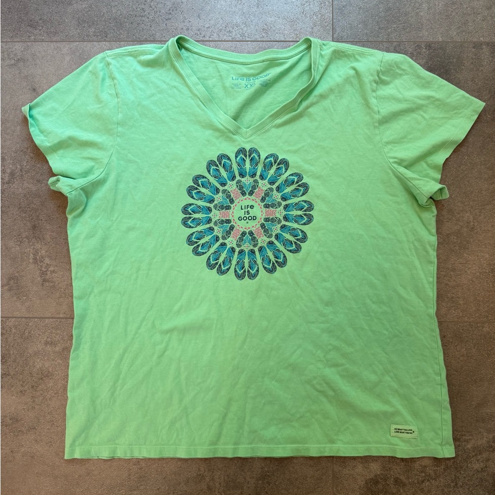 Life Is Good Green Crew Neck Tee with Flip Flop Mandala Design